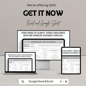 Peut inclure: Image promotionnelle d'un mod&egrave;le de d&eacute;claration de probl&egrave;me affich&eacute; sur un ordinateur portable, un moniteur de bureau et une tablette. Le texte indique : &laquo; De l'Chaos &agrave; la Clart&eacute; : relevez les d&eacute;fis avec notre mod&egrave;le de d&eacute;claration de probl&egrave;me &raquo;. Le texte &laquo; Obtenez-le maintenant &raquo; et &laquo; Excel et Google Sheet &raquo; est &eacute;galement pr&eacute;sent.