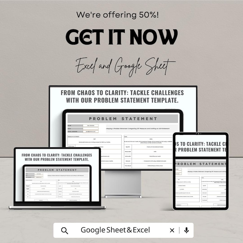 Peut inclure: Image promotionnelle d'un mod&egrave;le de d&eacute;claration de probl&egrave;me affich&eacute; sur un ordinateur portable, un moniteur de bureau et une tablette. Le texte indique : &laquo; De l'Chaos &agrave; la Clart&eacute; : relevez les d&eacute;fis avec notre mod&egrave;le de d&eacute;claration de probl&egrave;me &raquo;. Le texte &laquo; Obtenez-le maintenant &raquo; et &laquo; Excel et Google Sheet &raquo; est &eacute;galement pr&eacute;sent.