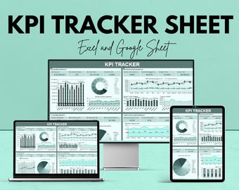 May include: A teal background with the text "We're offering 50%! KPI TRACKER SHEET Excel and Google Sheet." The image shows a laptop, a monitor, and a tablet displaying KPI tracker data. The bottom of the image has a search bar with the text "Google Sheet & Excel."