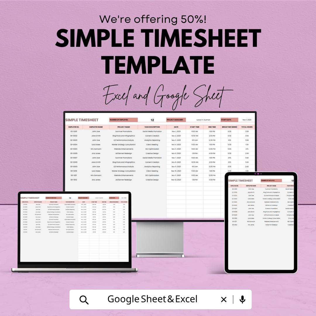 Simple Timesheet Template | Employee Timesheet Spreadsheet | Work Hours ...