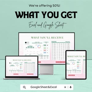 May include: An advertisement for Excel and Google Sheet products. The image shows a laptop, desktop monitor, and tablet displaying data visualizations and spreadsheets. Text includes "WHAT YOU GET" and "WHAT YOU'LL RECEIVE". The ad offers a 50% discount.
