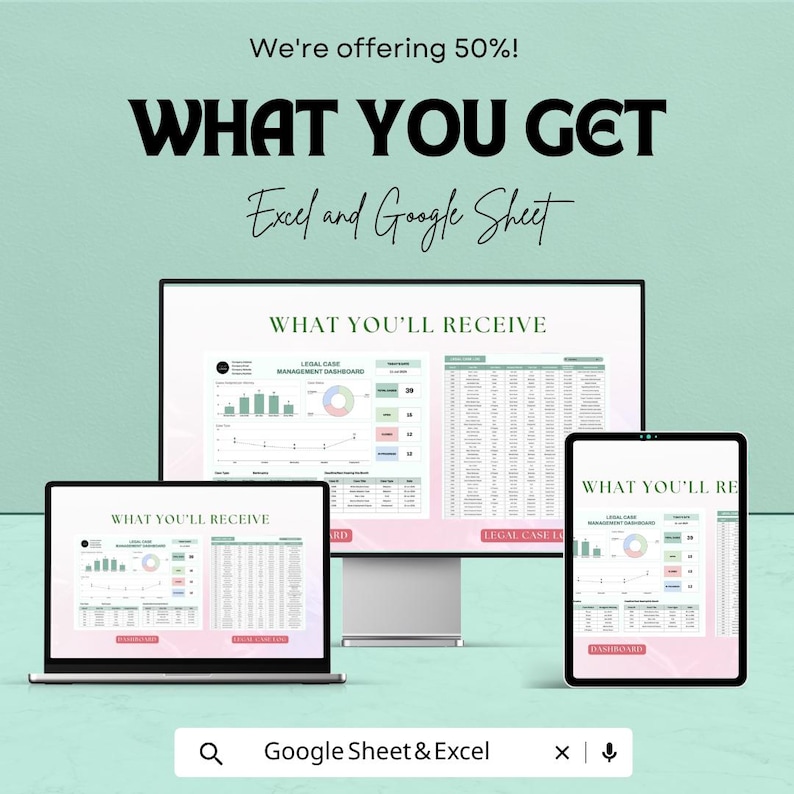 May include: An advertisement for Excel and Google Sheet products. The image shows a laptop, desktop monitor, and tablet displaying data visualizations and spreadsheets. Text includes "WHAT YOU GET" and "WHAT YOU'LL RECEIVE". The ad offers a 50% discount.