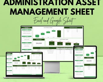 May include: An advertisement for an Administration Asset Management Sheet, displayed on a laptop, desktop monitor, and tablet. The text includes "We're offering 50%!" and "Excel and Google Sheet". The sheet displays financial data with green and white elements.