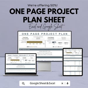 May include: A digital marketing graphic with the text "ONE PAGE PROJECT PLAN SHEET" and "Excel and Google Sheet." The image shows a laptop, a monitor, and a tablet displaying the project plan. The text "We're offering 50%!" is at the top.