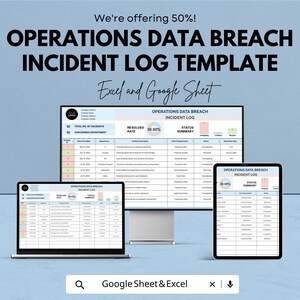May include: A digital Operations Data Breach Incident Log template, shown on a laptop, desktop monitor, and tablet. The template includes sections for incident details, status summaries, and a resolved rate of 30.00%. The text "Excel and Google Sheet" is also visible.