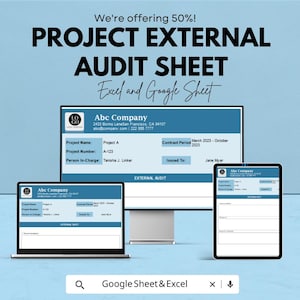 Puede incluir: Imagen de marketing digital con el texto "PROJECT EXTERNAL AUDIT SHEET Excel and Google Sheet". La imagen muestra una computadora de escritorio, una computadora portátil y una tableta que muestran la hoja de auditoría. La imagen también incluye el texto "We're offering 50%!"