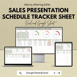 Op de afbeelding: Een digitaal sales presentatie schema tracker sheet weergegeven op een laptop, desktop monitor en tablet. De tekst bevat "Sales Presentation Schedule Tracker" en "Excel and Google Sheet". De afbeelding toont een 50% korting promotie.