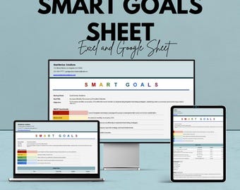 May include: A digital marketing graphic with the text "SMART GOALS SHEET" displayed on a laptop, desktop monitor, and tablet. The text "Excel and Google Sheet" is also present. The image has a light blue background and the words "We're offering 50%!" are at the top.