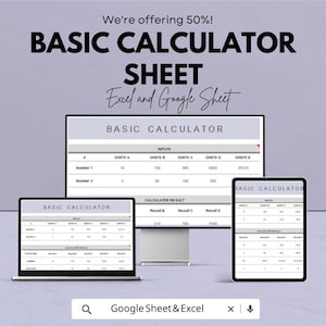 Puede incluir: Una pantalla digital de una "BASIC CALCULATOR SHEET" en una computadora portátil, un monitor de escritorio y una tableta. El texto "We're offering 50%!" está en la parte superior. La calculadora muestra entradas y resultados.