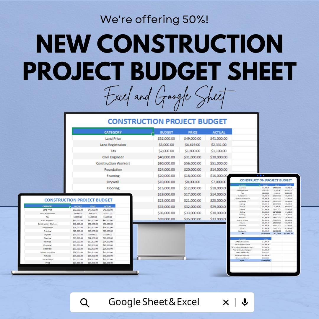 New Construction Project Budget Sheet | Excel & Google Sheets Template ...