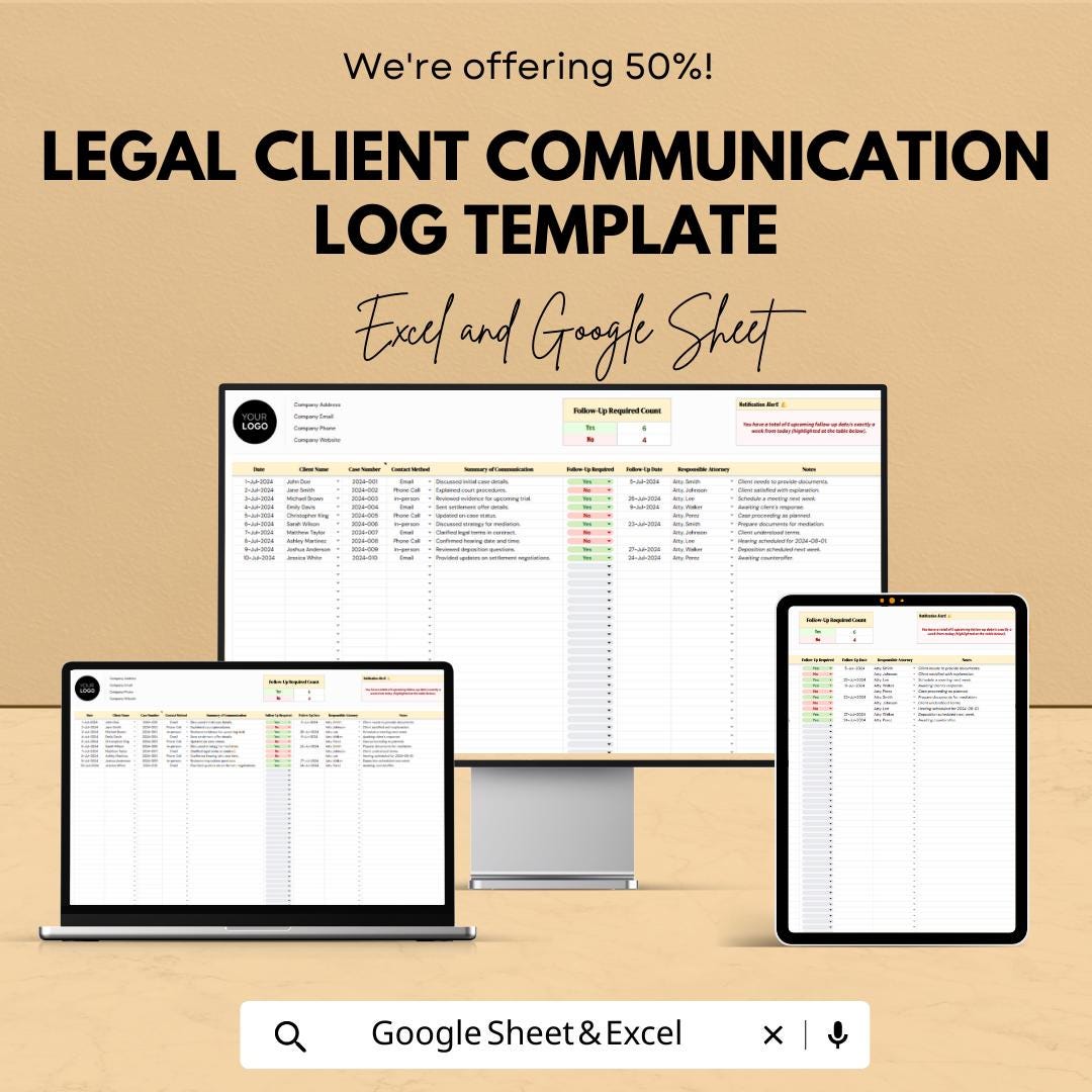 Litigation Log Example Legal Client Communication Log Template, Attorney Case Tracker, Law ...