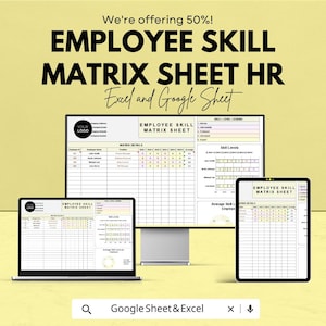 Op de afbeelding: Een digitale weergave van een vaardigheidsmatrixblad voor werknemers op een laptop, desktopcomputer en tablet. De tekst luidt "EMPLOYEE SKILL MATRIX SHEET HR Excel and Google Sheet". De afbeelding bevat ook de tekst "We're offering 50%!"