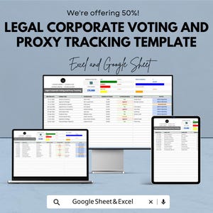Op de afbeelding: Een digitale sjabloon voor juridische bedrijfsstemming en proxy-tracking, weergegeven op een laptop, een desktopmonitor en een tablet. De sjabloon is ontworpen voor gebruik met Excel en Google Sheets. De tekst "We bieden 50%!" en "Google Sheet & Excel" is inbegrepen.