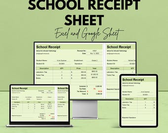 May include: A promotional image for school receipt sheets, available in Excel and Google Sheet formats. The image displays a laptop, a desktop monitor, and a tablet, each showcasing a sample receipt. The text "We're offering 50%!" is at the top.