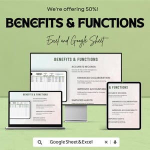 May include: An advertisement for Excel and Google Sheet benefits and functions. The image shows a laptop, desktop monitor, and tablet displaying the benefits: accurate records, enhanced collaboration, improved accountability, and simplified audits.