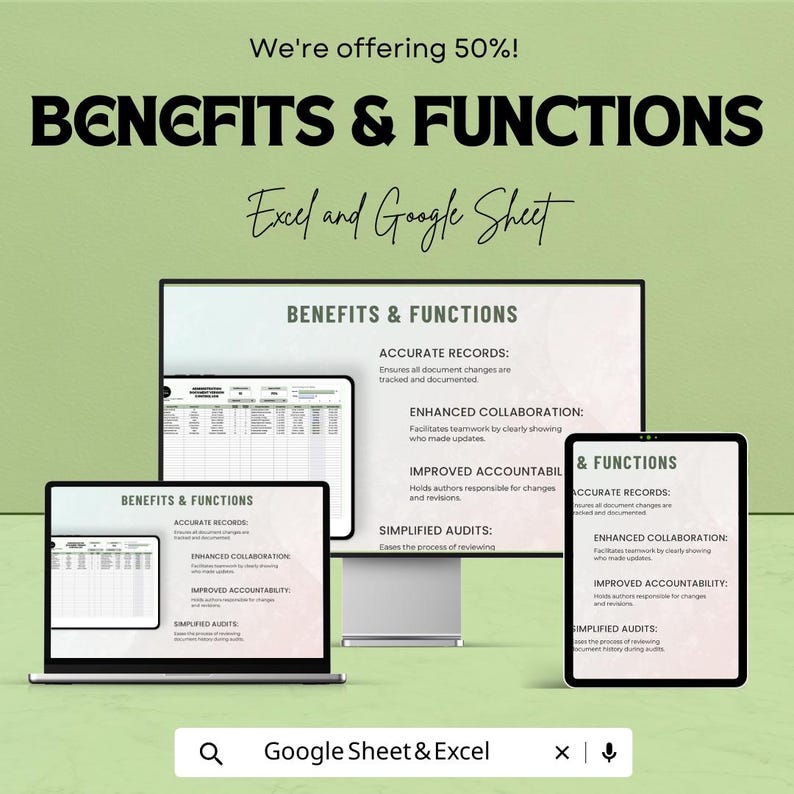 May include: An advertisement for Excel and Google Sheet benefits and functions. The image shows a laptop, desktop monitor, and tablet displaying the benefits: accurate records, enhanced collaboration, improved accountability, and simplified audits.