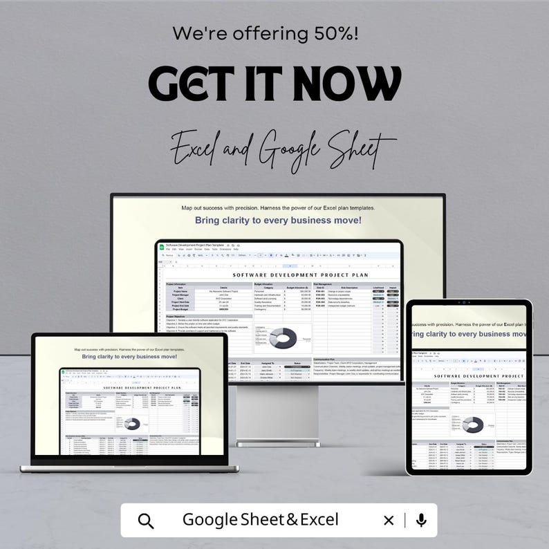 K&ouml;nnte beinhalten: Werbung f&uuml;r Excel- und Google Sheet-Vorlagen, angezeigt auf einem Laptop, einem Desktop-Monitor und einem Tablet. Der Text lautet: "Wir bieten 50 %! JETZT HOLEN Excel und Google Sheet." Der Bildschirm zeigt einen "Software Development Project Plan".