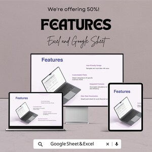 May include: A promotional image showcasing features of Excel and Google Sheets. The image displays a desktop computer, a laptop, and a tablet, each with the word "Features" on the screen. The text "Excel and Google Sheet" is also visible.