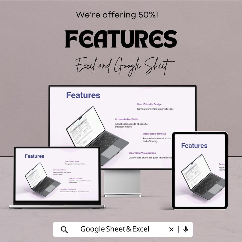 May include: A promotional image showcasing features of Excel and Google Sheets. The image displays a desktop computer, a laptop, and a tablet, each with the word "Features" on the screen. The text "Excel and Google Sheet" is also visible.