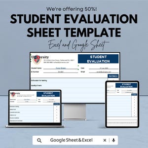 May include: An advertisement for a student evaluation sheet template, featuring the text "STUDENT EVALUATION SHEET TEMPLATE" and "Excel and Google Sheet". The image displays the template on a laptop, a desktop monitor, and a tablet.