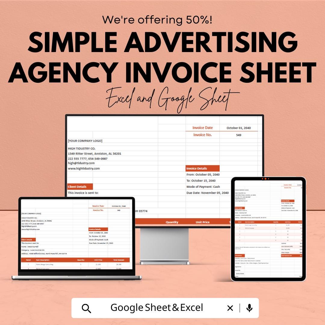 Simple Advertising Agency Invoice Sheet - Excel & Google Sheets ...