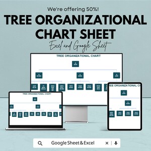 May include: A digital marketing image showcasing a tree organizational chart sheet, compatible with Excel and Google Sheets. The image displays the chart on a desktop monitor, laptop, and tablet, with the text "We're offering 50%!" at the top.