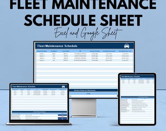 May include: A promotional image for a fleet maintenance schedule sheet, displayed on a computer monitor, laptop, and tablet. The text reads "FLEET MAINTENANCE SCHEDULE SHEET Excel and Google Sheet." The background is a gradient of blue hues, with the text "We're offering 50%!"