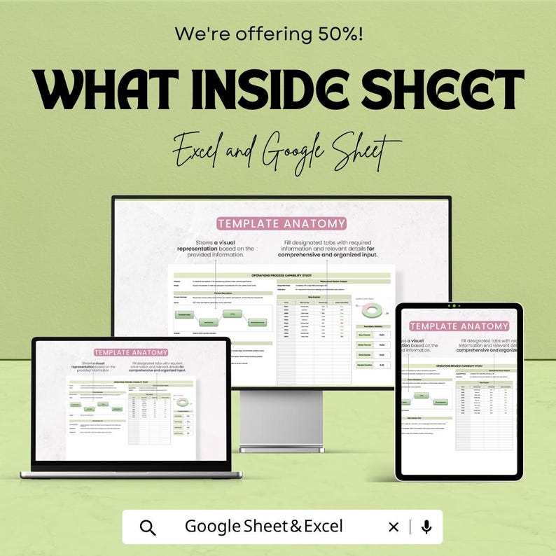 May include: A digital template display featuring the text "WHAT INSIDE SHEET" and "Excel and Google Sheet" above a monitor, laptop, and tablet screen. Each screen shows a "TEMPLATE ANATOMY" document with charts, tables, and process diagrams.