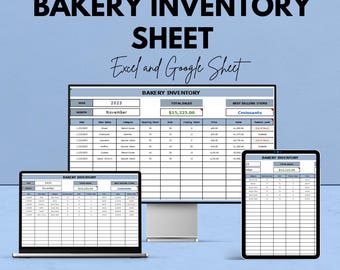 Może przedstawiać: Cyfrowy wyświetlacz arkusza inwentaryzacji piekarni na monitorze komputera, laptopie i tablecie. Tekst brzmi "BAKERY INVENTORY SHEET" i "Excel and Google Sheet". Arkusz pokazuje dane za listopad 2023 r.