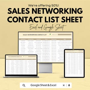 May include: An advertisement for a sales networking contact list sheet. The image shows a laptop, desktop monitor, and tablet displaying the contact list. The text on the image says "We're offering 50%! SALES NETWORKING CONTACT LIST SHEET Excel and Google Sheet."