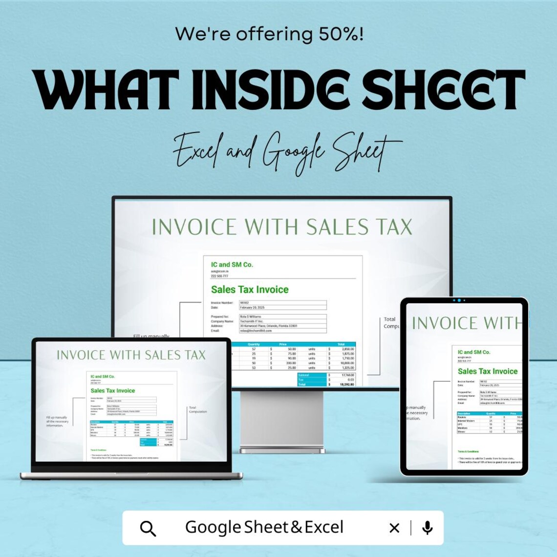 Invoice With Sales Tax Template Sheet - Editable Excel and Google Sheet ...