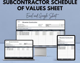 Foglio di calcolo dei valori del subappaltatore / Excel e Google Sheet / Modello di gestione del progetto di costruzione / Sconto del 50%