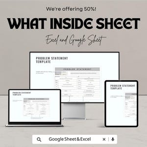 Peut inclure: Pr&eacute;sentation d'un produit num&eacute;rique avec un &laquo; Mod&egrave;le d'&eacute;nonc&eacute; de probl&egrave;me &raquo; sur un ordinateur portable, un &eacute;cran d'ordinateur et une tablette. Le texte &laquo; WHAT INSIDE SHEET &raquo; et &laquo; Excel and Google Sheet &raquo; sont affich&eacute;s. L'image comprend &eacute;galement le texte &laquo; We're offering 50%! &raquo; et &laquo; Google Sheet & Excel &raquo;.