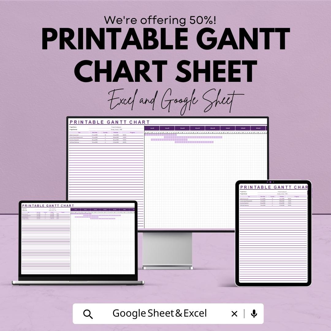 Printable Gantt Chart Sheet - Excel and Google Sheets Project Planner ...