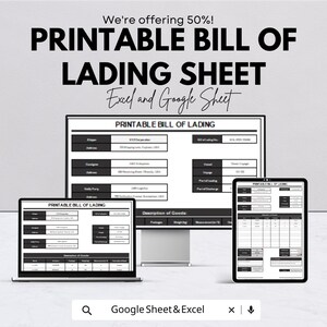 Può includere: Annuncio per un foglio di polizza di carico stampabile, disponibile nei formati Excel e Google Sheet. L'immagine mostra il documento visualizzato su un laptop, un monitor desktop e un tablet. Il testo "We're offering 50%!" è in alto.