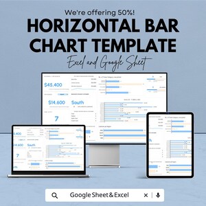 May include: An image promoting a horizontal bar chart template, with the text "We're offering 50%! HORIZONTAL BAR CHART TEMPLATE Excel and Google Sheet." The template is shown on a laptop, a desktop monitor, and a tablet.