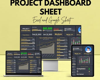 May include: A promotional image for a project dashboard sheet, compatible with Excel and Google Sheets. The image displays a laptop, desktop monitor, and tablet, each showcasing a dark-themed dashboard interface with project data and financial metrics. The text reads "We're offering 50%!"