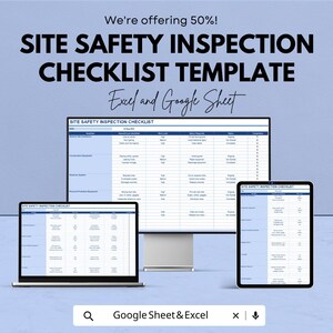 Mall för checklista för säkerhetsinspektion på plats | Blankett för säkerhetsrevision på byggarbetsplatsen | Säkerhetslogg för arbetsplatsen | Redigerbara Excel- och Google Sheets
