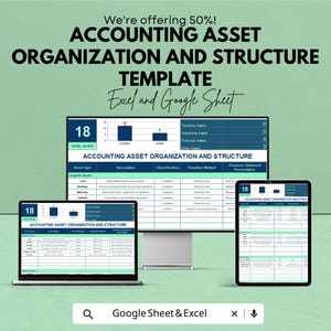 May include: An image showcasing an accounting asset organization and structure template, displayed on a laptop, desktop monitor, and tablet. The template is for Excel and Google Sheets, with the text "We're offering 50%!" at the top.