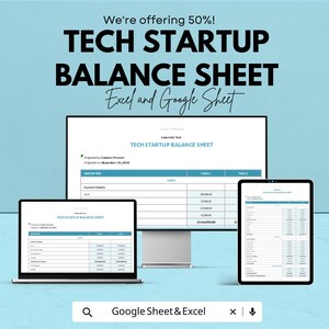 Może przedstawiać: Obraz promocyjny dla bilansu start-upu technologicznego. Tekst brzmi: "Oferujemy 50%! TECH STARTUP BALANCE SHEET Excel i Google Sheet." Bilans jest wyświetlany na laptopie, monitorze i tablecie.