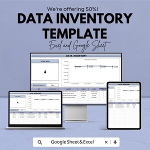Può includere: Un modello digitale di inventario dei dati visualizzato su un laptop, un monitor desktop e un tablet. Il testo "DATA INVENTORY TEMPLATE Excel and Google Sheet" è visibile. L'immagine mostra una promozione del 50%.