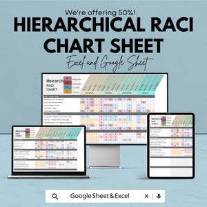 May include: A digital marketing image showing a hierarchical RACI chart sheet on a computer monitor, laptop, and tablet. The text reads "We're offering 50%! HIERARCHICAL RACI CHART SHEET Excel and Google Sheet."