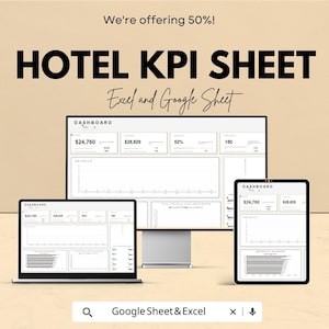 Hotell-KPI-instrumentpanel | Excel och Google Sheets | Hotellprestandauppföljning | Intäkts-, beläggnings- och kostnadsanalys | Hotellledning