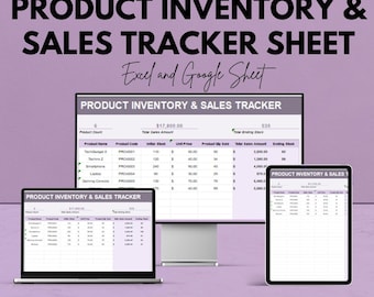 May include: A digital product inventory and sales tracker sheet displayed on a laptop, desktop monitor, and tablet. The text reads "Product Inventory & Sales Tracker Sheet" and "Excel and Google Sheet". The background is a gradient of purple.