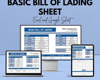 May include: A digital display of a "Basic Bill of Lading Sheet" on a computer monitor, laptop, and tablet. The text "Excel and Google Sheet" is displayed. The image also includes the text "We're offering 50%!"