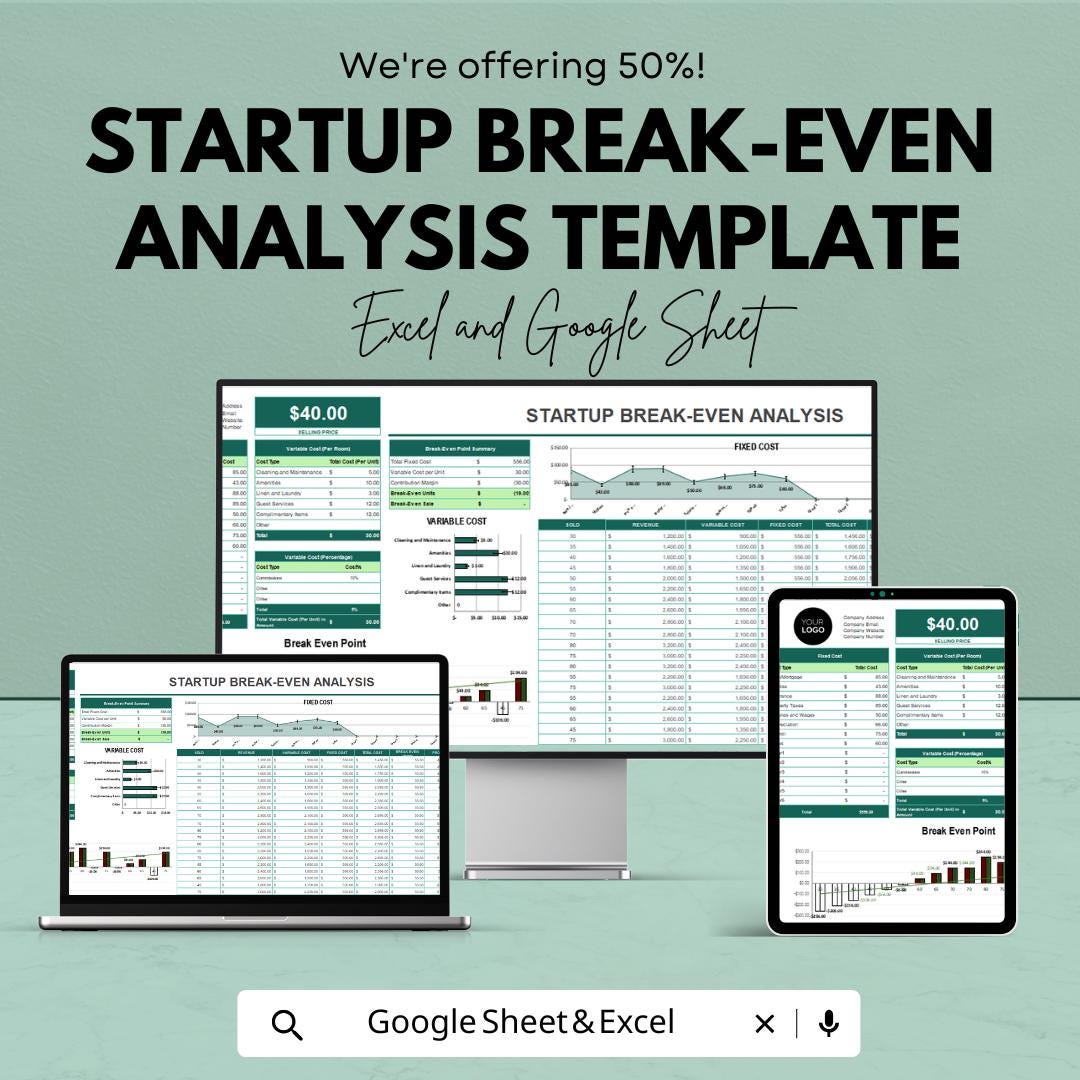 Startup Break Even Analysis Template | Excel & Google Sheets | Break ...