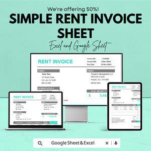 May include: An advertisement for a simple rent invoice sheet, available in Excel and Google Sheet formats. The image shows a laptop, a desktop monitor, and a tablet displaying the invoice. The invoice includes tenant and owner details, payment information, and the total amount due.