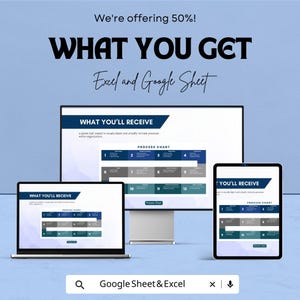 Peut inclure: Image promotionnelle avec le texte "We're offering 50%! WHAT YOU GET Excel and Google Sheet." Un ordinateur portable, un &eacute;cran d'ordinateur et une tablette affichent un organigramme. Une barre de recherche avec "Google Sheet & Excel" est en bas.