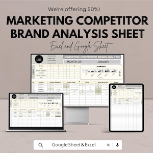 Könnte beinhalten: Ein digitales Marketing-Wettbewerber-Markenanalyseblatt, das auf einem Laptop, einem Desktop-Monitor und einem Tablet angezeigt wird. Das Blatt enthält Datentabellen und Diagramme. Der Text "MARKETING COMPETITOR BRAND ANALYSIS SHEET" ist prominent dargestellt, zusammen mit "Excel and Google Sheet". Das Bild enthält auch den Text "We're offering 50%!"