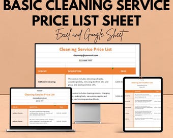 Può includere: Immagine promozionale per un servizio di pulizia. Il listino prezzi è visualizzato su un laptop, un tablet e un computer desktop. Il testo include "BASIC CLEANING SERVICE PRICE LIST SHEET" e "Excel and Google Sheet".